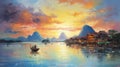 Colorful Abstract Landscape: Boats, Mountains, And Rural Charm