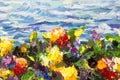 Oil painting and palette knife close-up. Yellow red violet flowers in a green grass against a background of blue sea waves. Fragme Royalty Free Stock Photo