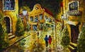 Oil painting - night evening city, yellow houses, white lights, people with umbrellas, wet road, reflection