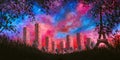 Oil Painting - Paris at night with purple clouds and beautiful silhouette of Eiffel tower artwork City Royalty Free Stock Photo