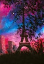 Oil Painting - Paris at night with purple clouds and beautiful silhouette of Eiffel tower artwork City