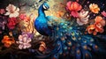 oil painting of a peacock with colorful flowers