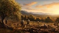 Oil painting of a plentiful orchard with farmers picking the fruit of their labor, AI generated