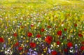 Red poppies flower field oil painting, yellow, purple and white flowers artwork Royalty Free Stock Photo