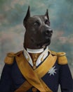 oil painting of Prince Dog background, Renaissance Dog portrait of a general, Lord, admiral, Emperor, commodore. Custom Funny Pet Royalty Free Stock Photo