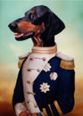 oil painting of Prince Dog background, Renaissance Dog portrait of a general, Lord, admiral, Emperor, commodore. Custom Funny Pet Royalty Free Stock Photo