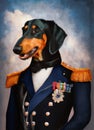 oil painting of Prince Dog background, Renaissance Dog portrait of a general, Lord, admiral, Emperor, commodore. Custom Funny Pet Royalty Free Stock Photo