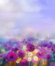 Oil painting Purple onion with white dandelion flowers in meadow Royalty Free Stock Photo