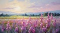 Provence Morning: A Romantic Landscape Of Pink Flowers In A Field Royalty Free Stock Photo