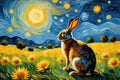 Oil painting a rabbit on a sunny day with van gogh\'s starry nights style background Royalty Free Stock Photo