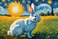 Oil painting a rabbit on a sunny day with van gogh\'s starry nights style background Royalty Free Stock Photo