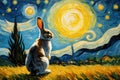 Oil painting a rabbit on a sunny day with van gogh\'s starry nights style background Royalty Free Stock Photo