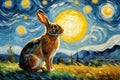 Oil painting a rabbit on a sunny day with van gogh\'s starry nights style background Royalty Free Stock Photo