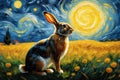 Oil painting a rabbit on a sunny day with van gogh\'s starry nights style background Royalty Free Stock Photo