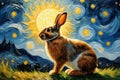 Oil painting a rabbit on a sunny day with van gogh\'s starry nights style background Royalty Free Stock Photo