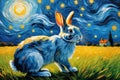 Oil painting a rabbit on a sunny day with van gogh\'s starry nights style background Royalty Free Stock Photo