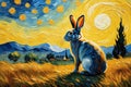 Oil painting a rabbit on a sunny day with van gogh\'s starry nights style background Royalty Free Stock Photo