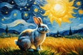 Oil painting a rabbit on a sunny day with van gogh\'s starry nights style background Royalty Free Stock Photo