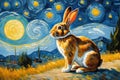 Oil painting a rabbit on a sunny day with van gogh starry nights style background Royalty Free Stock Photo