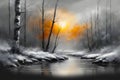 oil painting river in forest rainy spring day sunset beautiful scenery generated by ai