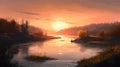 Oil Painting Of River At Sunrise In Beyonce Style Royalty Free Stock Photo