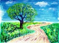 Oil painting road and tree