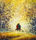 Romantic landscape - A loving couple and cat - young man and beautiful girl are sitting on bench and enjoying beautiful view of ye