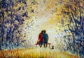 Romantic landscape - A loving couple and cat - young man and beautiful girl are sitting on bench and enjoying beautiful view of ye Royalty Free Stock Photo