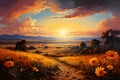 Oil painting of a rural sunset landscape Royalty Free Stock Photo