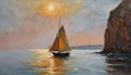 Oil painting of a sailboat in a bay at sunset Royalty Free Stock Photo