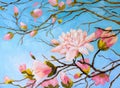 Oil painting - sakura branch on sky background, Japan abstract drawing Royalty Free Stock Photo