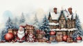 Oil Painting Santa Claus With Gifts and Small House and Snow Forest in Background Royalty Free Stock Photo