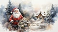 Oil Painting Santa Claus With Red Hat Portrait Small House and Snow Forest in Background Selective Focus Royalty Free Stock Photo