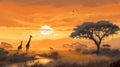 Oil Painting Of Savanna At Sunrise In Beatles Style Royalty Free Stock Photo