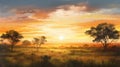 Oil Painting Of Savanna At Sunrise In Beatles Style Royalty Free Stock Photo