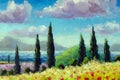 Painting field of red flowers poppies, mountains and cypresses under summer sky Royalty Free Stock Photo