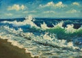 Oil painting of sea beach, beautiful waves on canvas.Seashore.