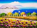 Oil Painting - Seacoast with blossoming flowers