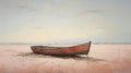 Oil painting seascape with old wooden boat on the beach
