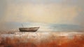 Oil painting seascape with old wooden boat on the beach