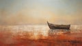 Oil painting seascape with old wooden boat on the beach