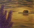 Oil painting of seascape at sunset with purple flowers in the foreground and a hut on the water on the horizon