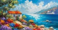 'Oil painting - seaside house, colorful flowers, summer seascape'. Royalty Free Stock Photo