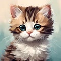 Oil Painting Serenade: A Whimsical Brown and White Kitten with Azure Eyes