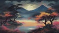 A serene Japanese natural landscape. Abstract art.