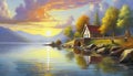 Oil painting of serene sunset over lake or river, evening sky reflection, house by the water, natural beauty Royalty Free Stock Photo