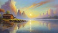 Oil painting of serene sunset over lake or river, evening sky reflection, house by the water, natural beauty Royalty Free Stock Photo