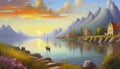 Oil painting of serene sunset over lake or river, evening sky reflection, house by the water, natural beauty Royalty Free Stock Photo