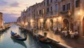 Oil painting: A serene Venetian canal at twilight, with gondolas gliding beneath a stone bridge, ornate palazzos lining the water Royalty Free Stock Photo