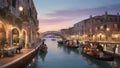 Oil painting: A serene Venetian canal at twilight, with gondolas gliding beneath a stone bridge, ornate palazzos lining the water Royalty Free Stock Photo